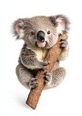 Naklejka premium Playful 3D Render of a Baby Koala Swinging Joyfully from a Branch in an Adorable and Whimsical Style