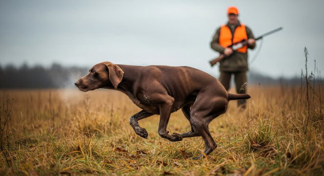 Hunting dog on point in dry grass field with hunter in blurred background. German shorthaired pointer hunting on game walk. Hunting season concept.