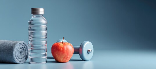 Fitness essentials water bottle, apple, and dumbbell on a light blue surface