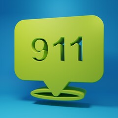 Green Telephone with emergency call 911 icon isolated on blue background. Police, ambulance, fire department, call, phone. Minimalism concept. 3D render illustration
