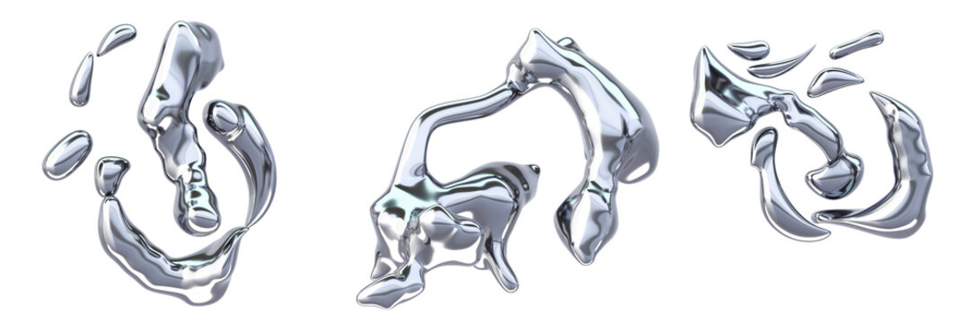 3d metal chrome liquid y2k shapes. Abstract fluid silver elements, mercury drops and splash flow. Glossy platinum blobs, curve wave forms with blue gradient, isolated render icon set