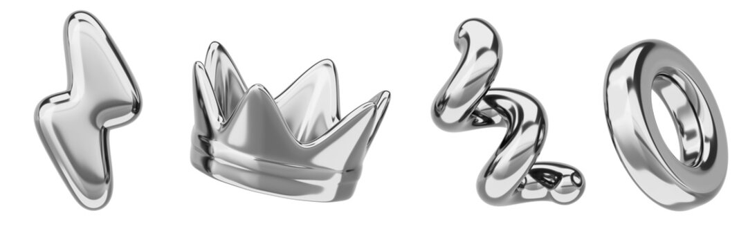 Chrome y2k abstract shapes. Render 3d set of silver metal inflatable figures - lightning bolt, crown, spiral line, ring. Graphic design elements of steel or platinum with reflection