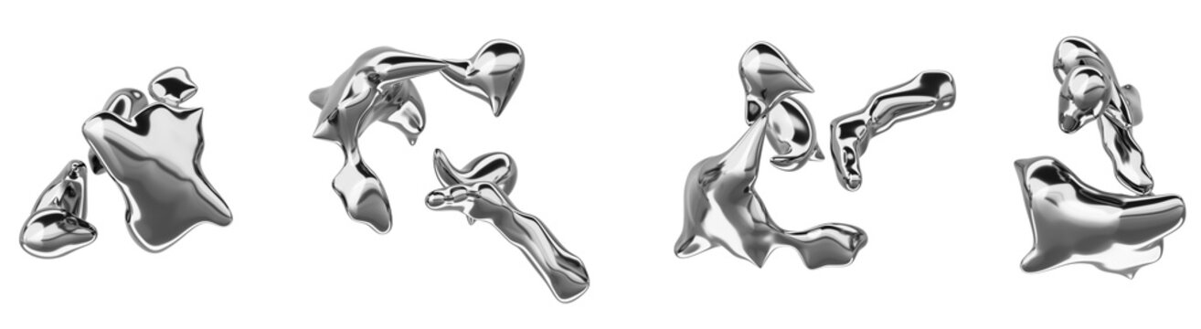 Liquid chrome metal splashes 3d set in y2k style. Abstract silver fluid shapes, mercury drops, futuristic aesthetic wave blobs. Curve steel from explosion isolated on gray background