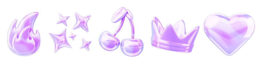 Y2K holographic 3d shape set. Iridescent inflatable crown, cherry, heart, fire and stars render icon. Retro futuristic design elements with bright neon metal gradient of liquid chrome