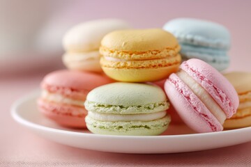 Obraz premium Sweet colorful macarons on a white plate, emphasizing delicate details.