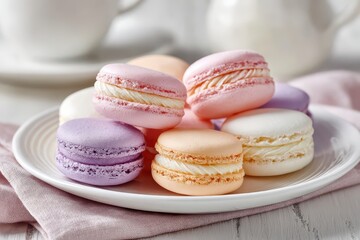 Obraz premium A delightful stack of pastel French macarons, a sweet gourmet dessert.