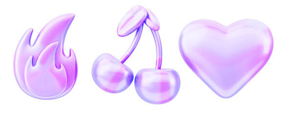 3d holographic y2k shapes - cherry, heart and fire. Abstract render set of retro futuristic aesthetic design elements in rainbow neon colors with metal liquid chrome gradient texture