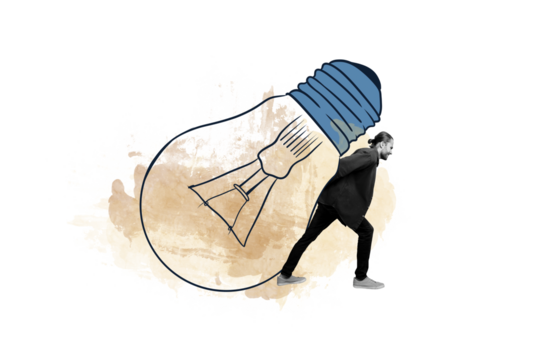 3D collage trend artwork composite sketch poster of decision mind eureka brainstorming creative young man walk hand carry idea bulb light