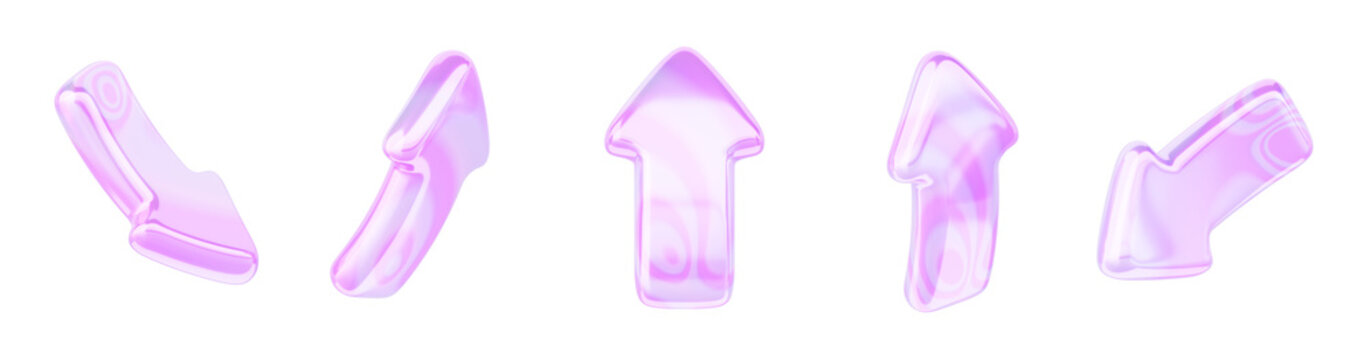 Glass holographic y2k arrow cursor icon. Render 3d set of purple pink direction pointer with liquid chrome gradient, computer mouse sign to click buttons, isolated design elements