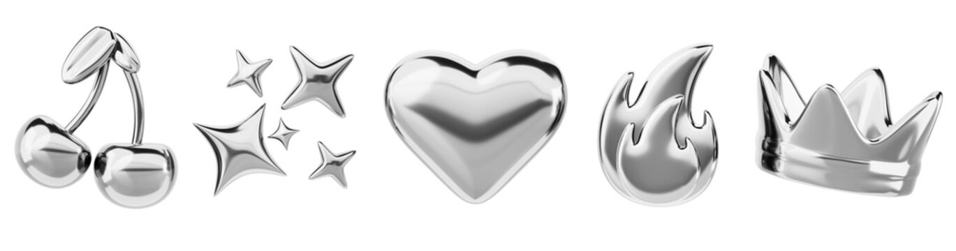 3d set of liquid chrome y2k shape render icon. Silver metal crown, cherry, heart, flame and stars in retro futuristic aesthetic style. Abstract design elements of aluminum or platinum