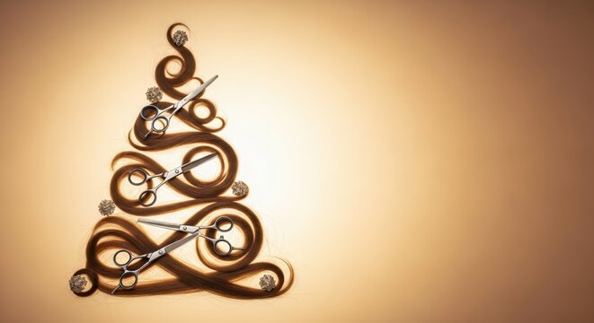 Christmas tree made of curls and strands of shiny hair and hairdresser's scissors, golden festive background with copy space. Beauty salon, barbershop, beauty parlor congratulation holiday concept