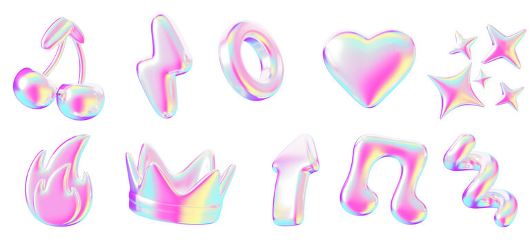Y2k holographic 3d sticker set. Rainbow liquid abstract shape. Cherry, crown, music note, heart, fire, star, lightning, arrow, spiral line with bright neon gradient, isolated elements