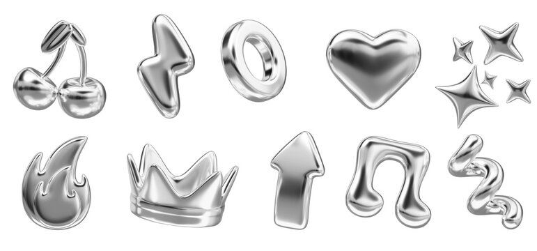 3d chrome y2k metal elements set. Silver glitter crown, cherry, music note, heart, fire, stars, lightning, arrow, spiral line and ring of steel or platinum, isolated abstract shapes