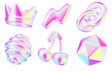 Y2K holographic 3d shape set. Iridescent crown, lightning, chain, spiral sphere, cherry, polygon with bright neon metal gradient of liquid chrome. Render abstract inflatable elements