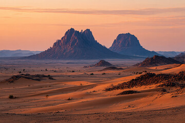 Naklejka premium Desert landscape, sand dunes and rocky mountains sunset. Dramatic view sahara. Red Mars like landscape. beautiful rock formations. Orange red sand desert, rocky formations and mountains background.