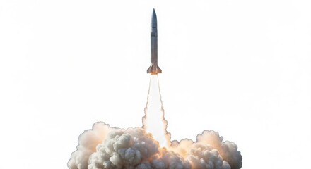 Fototapeta premium Rocket launching into the sky with smoke isolated on white background