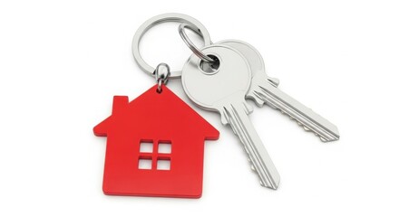 Two silver keys with a red house keychain isolated on white background