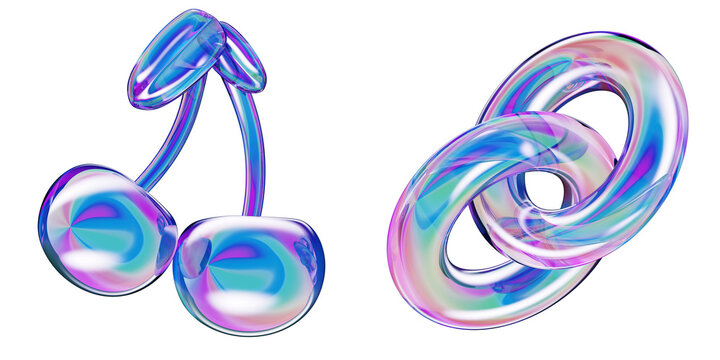 3d glass holographic y2k cherry and chain of rainbow links with bright neon metal gradient isolated on black background. Retro digital style, abstract aesthetic shapes render icon set