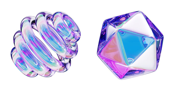 Liquid glass holographic y2k spiral sphere and polygon icon with bright neon gradient isolated on black background. Abstract crystal geometric shapes render set, rainbow color effect