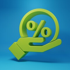 Obraz premium Green Discount percent tag icon isolated on blue background. Shopping tag sign. Special offer sign. Discount coupons symbol. Minimalism concept. 3D render illustration