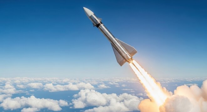 Rocket launching into the sky with a trail of fire and smoke