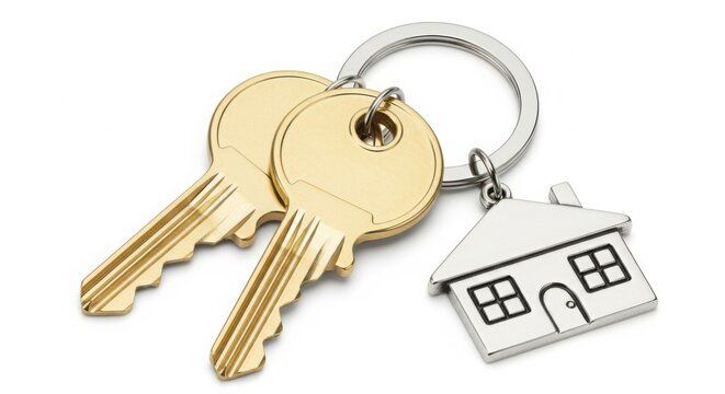 Two golden keys with a house keychain isolated on white background