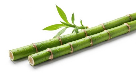 Fototapeta premium Fresh green bamboo stalks with water droplets isolated on white background