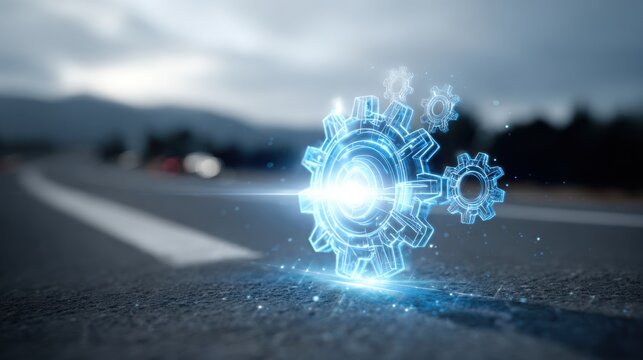 Creative visualization of a gear wheel on a road symbolizing innovative ai-enhanced productivity framework