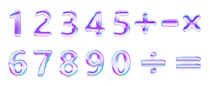 3d glass hologram numbers font render icon set. Neon gradient balloons plus, minus, multiply, divide, equal. Iridescent digits and math operation symbols isolated on white background