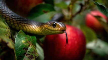 Fototapeta premium A captivating close-up shot of an olive-green snake with its tongue out, coiled around a red apple on a tree