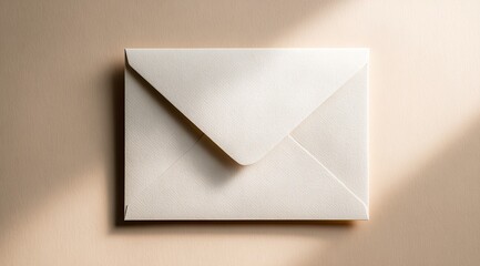 A single, blank, cream-colored envelope rests on a light beige surface, angled slightly.  Sunlight casts a diagonal shadow