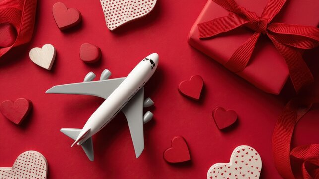 A charming and romantic flat lay composition featuring a toy airplane, a gift box, and hearts on a red background