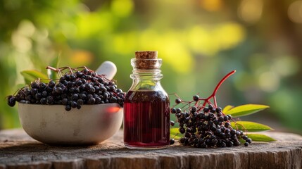 Clean and natural still life composition featuring elderberry syrup bottle and fresh berries in a bowl on a wooden stump