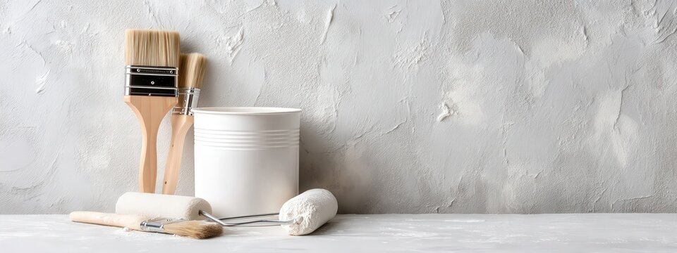 Clean and minimalist studio shot of painting tools on a textured white background