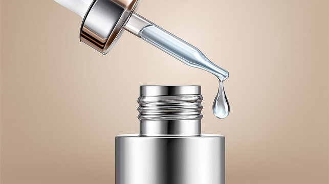 透明な美容液がスポイトから落ちる様子と、セラム系シルバーボトルのスキンケア製品のビジュアル素材