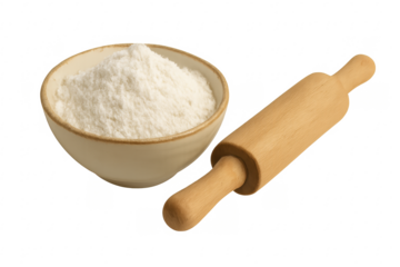 Bowl of flour and rolling pin for baking