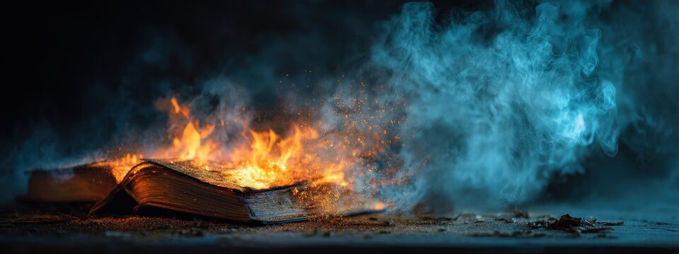 Dramatic image: old open book burning with mystical blue and orange smoke