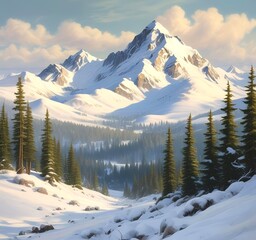 Snow-covered mountain ridge with evergreen trees, soft morning light