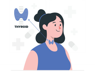 Woman with thyroid gland illustration and medical symbols Keywords: thyroid, gland, anatomy, human body, medical, healthcare, woman, female, health, endocrine system, illustration, diagram