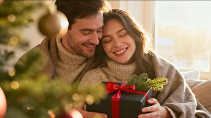 A smiling couple in cozy sweaters exchange a Christmas gift wrapped in black paper with a red ribbon while sitting together near a decorated tree with soft lighting. - Powered by Adobe