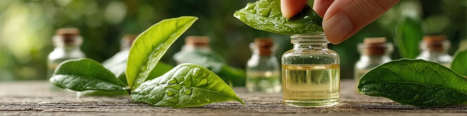 Hand Squeezing Essential Oil Drop from a Fresh Leaf into a Clear Bottle
