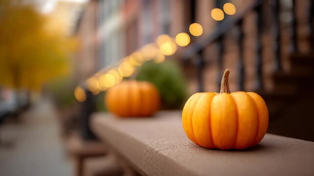 Small orange pumpkin autumn decoration on city street ledge with festive bokeh light, cozy harvest celebration, rustic outdoor Halloween atmosphere, blurred background, seasonal urban fall