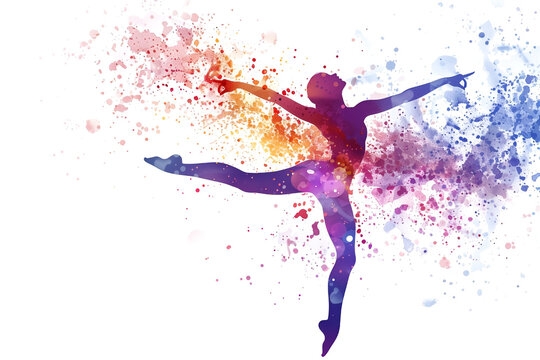 Watercolor image of a girl rhythmic gymnastics athlete. Colorful paints, white background. Abstract vision. The desire to win.