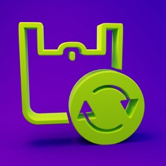Green Paper shopping bag with recycle icon isolated on purple-blue background. Bag with recycling symbol. Minimalism concept. 3D render illustration