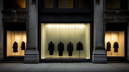 Fototapeta premium Empty storefront at night, showcasing dark coats