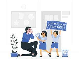 Teacher receiving a bouquet from students holding a thank you sign in a classroom education