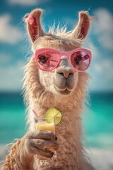 Obraz premium Llama in pink sunglasses with a tropical cocktail on the beach: summer vacation
