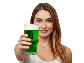 Woman with green beer on St. Patrick's Day isolated on transparent or white background, png