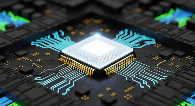 A closeup, futuristic view of a central computer processor chip with glowing blue circuits and connections, representing technology and innovation