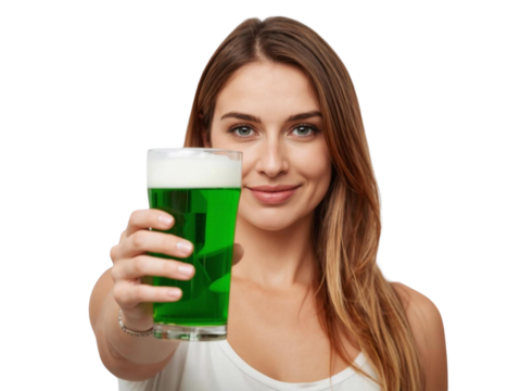 Woman with green beer on St. Patrick's Day isolated on transparent or white background, png
